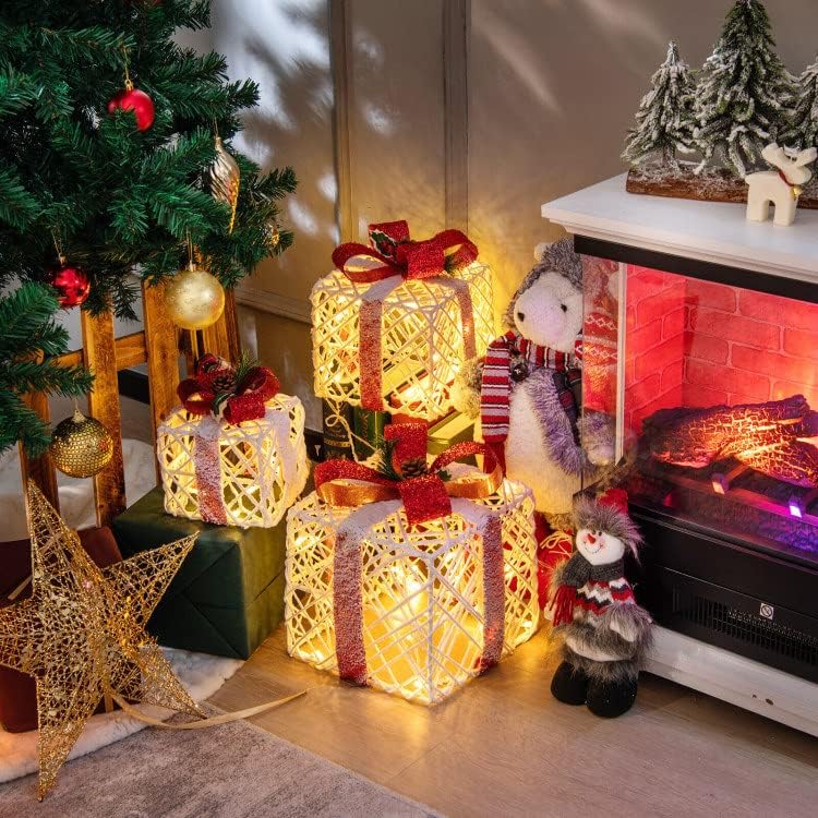 Kyomily сет од 3 Божиќни осветлени кутии за подароци украси со црвени лакови