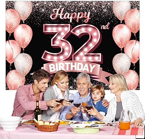 Среќен 32 ти Роденден Розово Злато Банер Позадина Навива на 32 Години Конфети Балони Тема Декор Украси За Жени 32 Години Розова