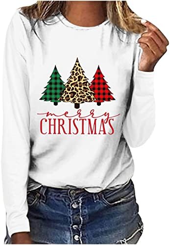 Женска Божиќна пулвер кошула тинејџерски девојки новогодишна елка карирана леопард печатена маичка обична долга ракав врвна маичка