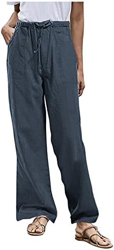 Затегнатост големина жени панталони плус памучни постелнини обични џебни панталони цврсти панталони
