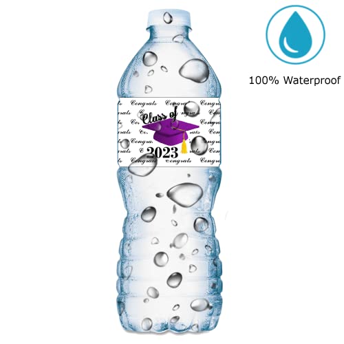 25 Класа за матура капа од 2023 година етикети со шише со вода; Сет од 25 налепници за завиткување на шишиња со вода; Боја виолетова