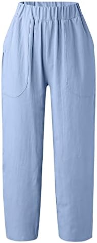 Памучни постелнини панталони за жени, високи половини широки нозе палацо со целосна долга панталона панталони со џебови со џебови