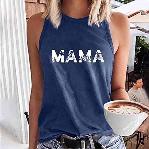 Мама буква за печатење резервоар на врвови на женски маички без ракави без ракави лето лабава лесна графичка маичка за графички