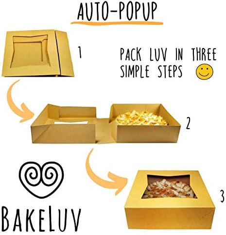 BAKELUV 8X8X2.5 ”кафеави пекарски кутии со прозорец | 100 пакет | Кутии за пециво со прозорец, кутии за јагоди, кутии за десерти, садови извади