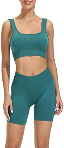 Комплети за вежбање HotExy за жени активни 2 парчиња ребрести високи шорцеви со половината со непречено спортски врвни текови на облеки