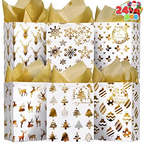 ЏОЈИН 24 Еез Божиќна Фолија Златни Торби За Подароци, Божиќни Метални Кеси Со Ткивна Хартија И Ознаки Со Картички За Божиќни Подароци,