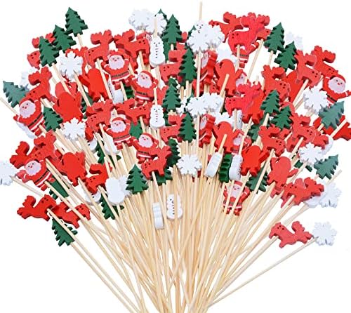 100 Парчиња Божиќни Коктели, Декоративни Чепкалки За Заби За Предјадење, Овошје Изберете Дрвени Чепкалки За Заби Од Бамбус Ражничи За Украси