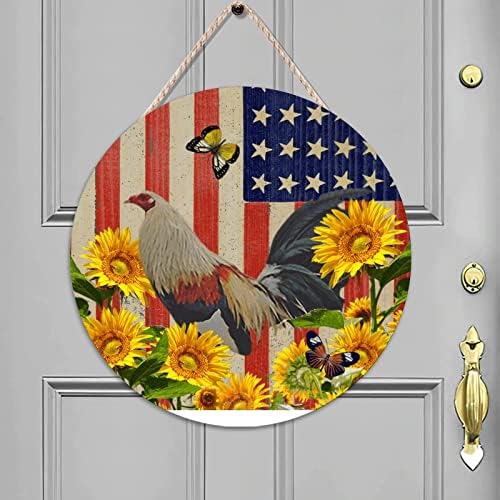 Mesllings Денот на независноста Ретро Дрво врата знак, петел сончоглед од влезна врата од дрво, знак за цртање 18 x 18