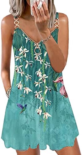 Lutlyенски летни фустани за етици 2023 Бохо Флорална печатена плажа фустан против вратот без ракави шпагети каиш со џебови со џебови