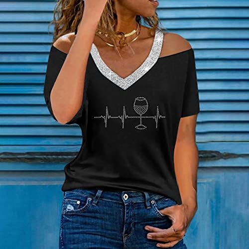 Тинејџери девојки rhinestone tshirts Love Print Bluses кошули со кратки ракави ладно рамо v вратот лето есен маици 2023