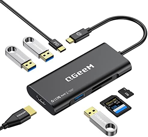 USB C Hub, QGeeM USB C До HDMI Адаптер 4k, 7 во 1 USB C Dongle СО 100w Испорака На Енергија, 3 USB 3.0 Порти, Sd/TF Читач На