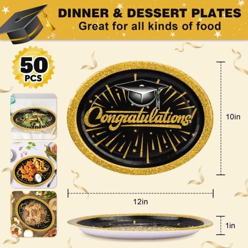 Ефио 50 парчиња дипломирани плочи за дипломирање црни и златни честитки 10 x 12 овални големи за еднократна употреба десерт салата