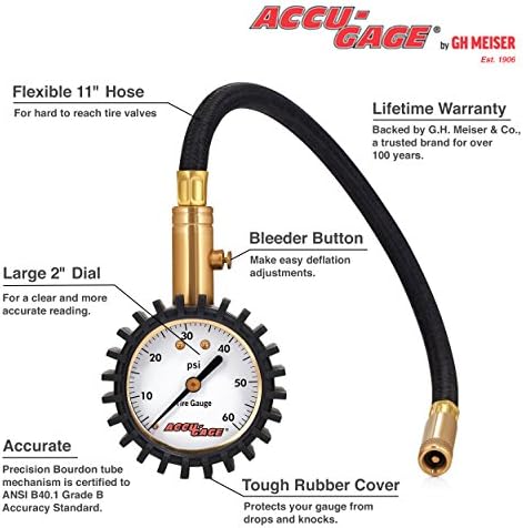 Accu-Gage RH60X Професионален мерач на притисок во гумата со заштитна гума, директно чак