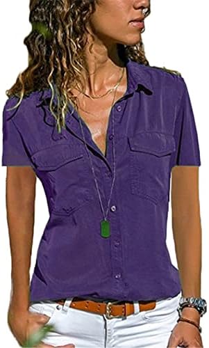 Andongnywell женски предно копче надолу кошули со краток ракав Туника лапел врвови кошули со блузи со џеб