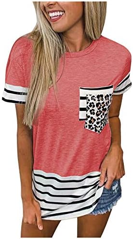 Tuianres 2023 Обични врвови за жени со краток ракав, тркалезен врат кошула леопард печатење, споен џеб, лабава вклопена маица