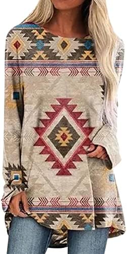 Женски ацтеки печати западни етнички врвови паѓаат случајно лабава пулвер ретро графички маички со долги ракави маички за џемпери