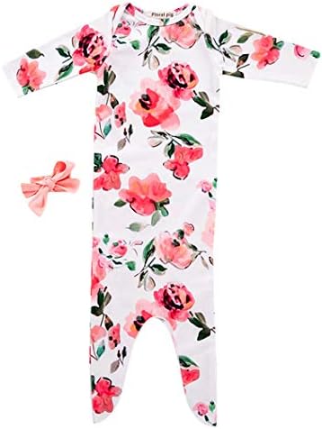 Новороденче симпатична цветна наметка со лента за глава, носена облека за спиење што доаѓа дома, облечена во ромпер вреќа за спиење за бебе