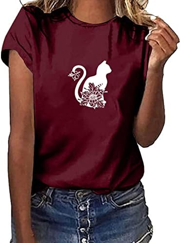 Жени 2023 летни врвови трендовски обични кратки ракави со тркалезен врат маица симпатична мачка печатена блуза Туника
