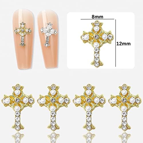 Kaagee 30 парчиња златен крст нокти шарми нокти ринестон кристален нокти бисер 3Д уметност на нокти CROSS Cross Cross Crastms for Nails Metallic