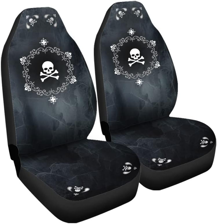 Bulopur симпатична црна сива череп сет од 2 капаци на седишта за автомобили Универзални автоматски предни седишта заштитник се вклопува за