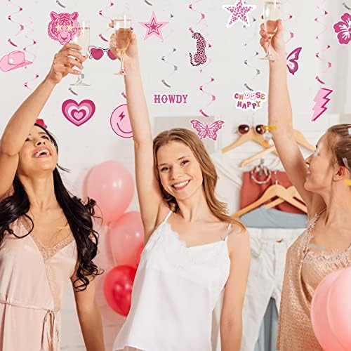 60 парчиња Preppy Party Swilk Decorations, Preppy Y2K Hot Poink Party Wanking Swilk Decorations усни насмевка лице Молња леопард