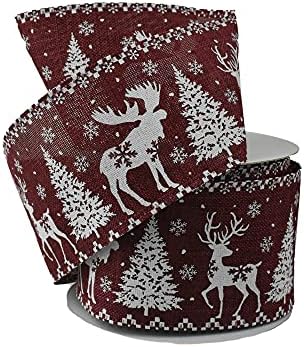 Homeford Christmas Forest Deer Pander Wired Ribbon, 2-1/2-инчи, 10-двор-Бургундија