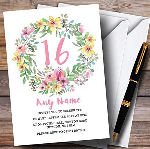 Акварел цветен венец розова 16 -та персонализирана покана за роденден