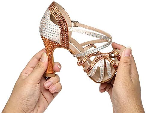 QQlong lationsенски латински танцувачки чевли со Rhinestone Peep Toe Ballroom Salsa Tango Pricket Performance Dance Shoes, YCL450