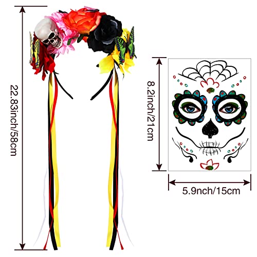 Мексиканска Цветна Круна И Ден На Мртвите Тетоважи Поставени, Ден На Мртвите Глави Со Череп И Пеперутки Шарени Јажиња 8 Листови Цветни