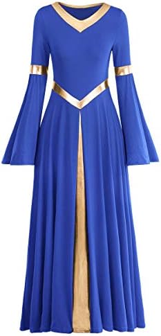 Womenените металик bellвонче со долг ракав пофалби танцувачки фустан лабаво одговараат литургиска лирска лирска танцова облека за богослужба