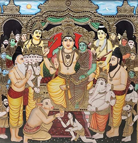 Егзотична Индија 43 x 52 Шива Дарбар Танјоре Сликање | Традиционални бои со 24к злато | Рамка од тиково дрво | Злато и