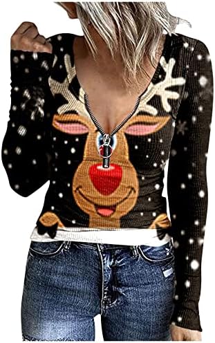 Женски женски џемпер u-врат со патент печатен џемпер Божиќ со долг ракав маица симпатични пролетни џемпери