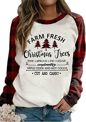 Фарма свежи новогодишни елки со долги ракави кошула за џемпери за жени Среќен Божиќ спојувајќи карирани кошули со пулвер од раглан