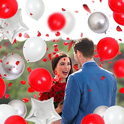 Балони Гарланд комплет црвено бело сребро, 99 парчиња црвен бел балон лак комплет со метални сребрени starsвезди фолија балон, црвени украси за