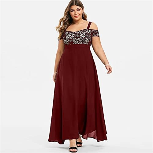 Фустани за забави на Adhowbew за жени чипка ладно рамо шифон макси фустан Елегантен плус големина со висока половината лизгање на половината