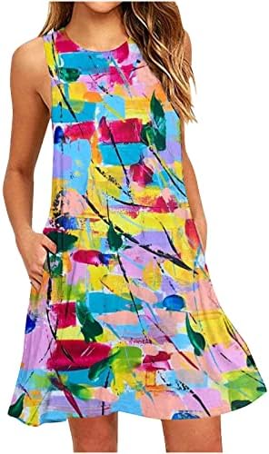 Фустани на плажа Sutwoen за жени, модна вратоврска боја, печатена резервоар, екипаж на екипаж на вратот без ракави со џеб со џеб
