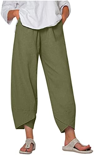 Женски панталони еластични половини проточни постелнини капри панталони за летни летни лаги ситни цврсти бои за џемпери за џемпери