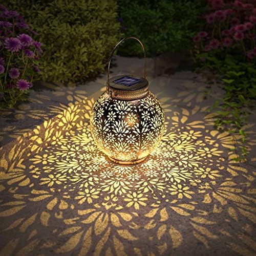 Lunerfex Solar Lanterns Надворешни висечки светла водоотпорна метална градина Декоративна за дизајн на маса со месечина starвезда Сонце предводена