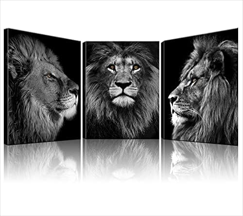 Рамка 3 ПЦЕС лавови црно -бело платно wallидна уметност за подароци за подароци, африкански диви животни глава портрет модерен постер отпечатоци