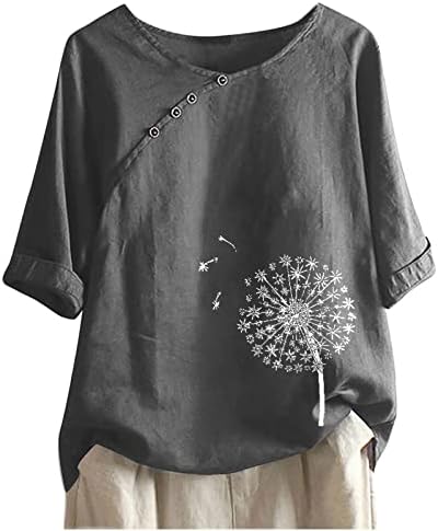 Лето женска памучна постелнина блуза врвови ретро глуварче печатена o вратот лабава маица обична 3/4 ракави маички туника
