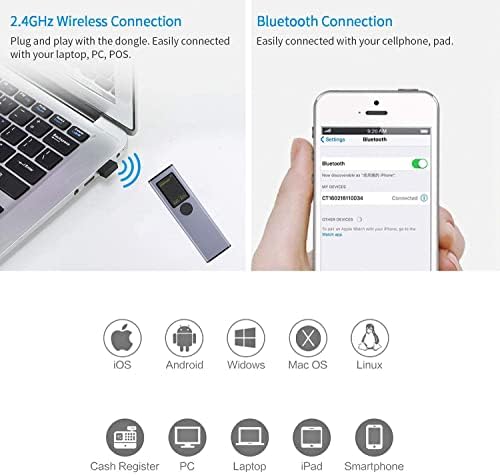 2D QR безжичен баркод скенер преносен 3-во-1 Bluetooth & USB жичен и 2.4G безжичен рачен бар-код за читач на шифри, компатибилен
