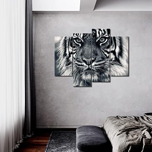 Црно -бел тигар со очите зјапајќи и слики со уметност со beardидови од брада, печатени на платно животно, сликата за