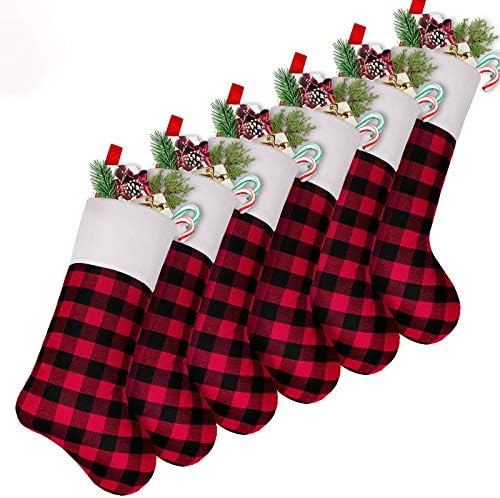 Божиќни чорапи на Лимбриџ, 6 пакувања 18 инчи Бафало карирана со кадифен манжетен, класични декорации за порибување за целото семејство,