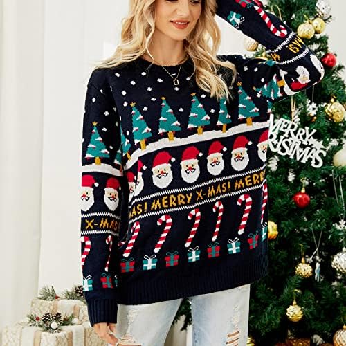 Грд Божиќен џемпер за жени образец со долг ракав плетен пулвер екипаж на екипаж на лекови на модни врвови за одмор