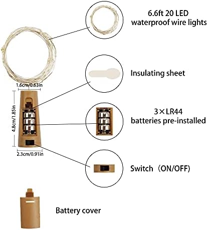 Rockabyee 12 Pack Вино шише со плута светла, 20 LED мини бајки, светла за бакарни жица за фестивал, годишнина, забава, свадба, Божиќ